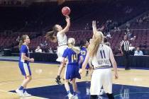 Moapa Valley's Lainey Cornwall takes a shot against Lowry in the Class 3A state semifinals at Orleans Arena on Friday, March 1, 2019. The Pirates won 43-38. (Damon Seiters/Las Vegas Review-Journal)