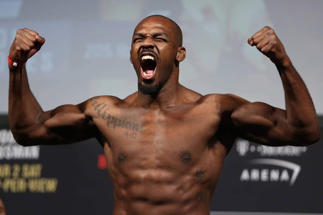 Jon Jones poses during the ceremonial UFC 235 weigh-in event at T-Mobile Arena in Las Vegas, Friday, March 1, 2019. (Erik Verduzco/Las Vegas Review-Journal) @Erik_Verduzco