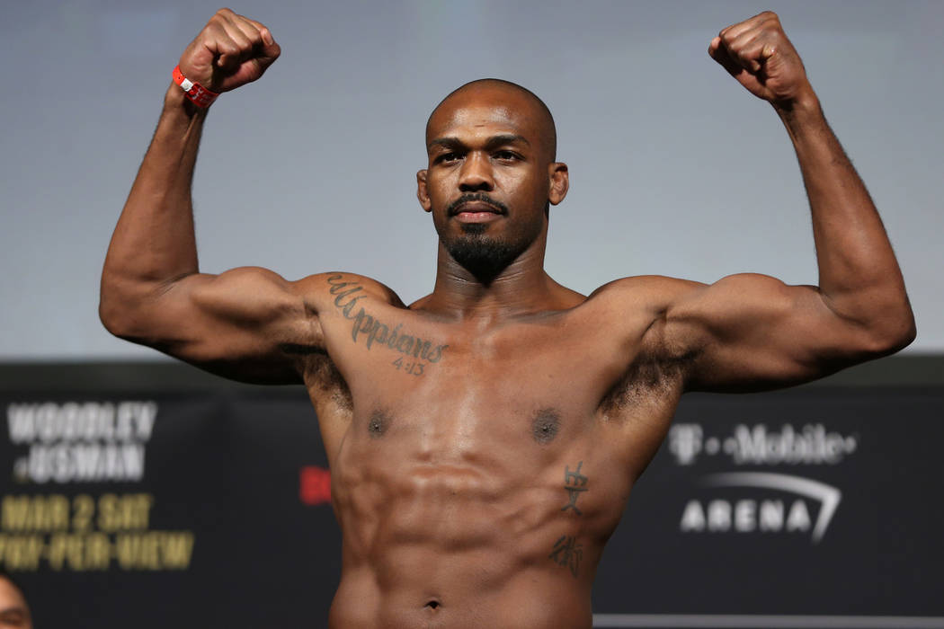 Jon Jones poses during the ceremonial UFC 235 weigh-in event at T-Mobile Arena in Las Vegas, Friday, March 1, 2019. (Erik Verduzco/Las Vegas Review-Journal) @Erik_Verduzco