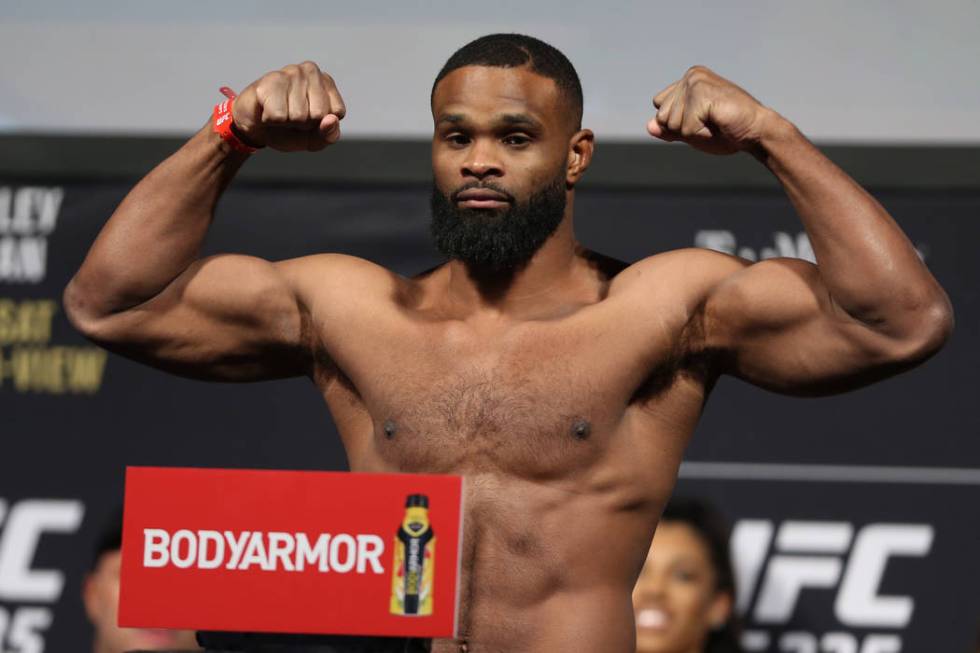 Tyron Woodley poses during the ceremonial UFC 235 weigh-in event at T-Mobile Arena in Las Vegas, Friday, March 1, 2019. (Erik Verduzco/Las Vegas Review-Journal) @Erik_Verduzco