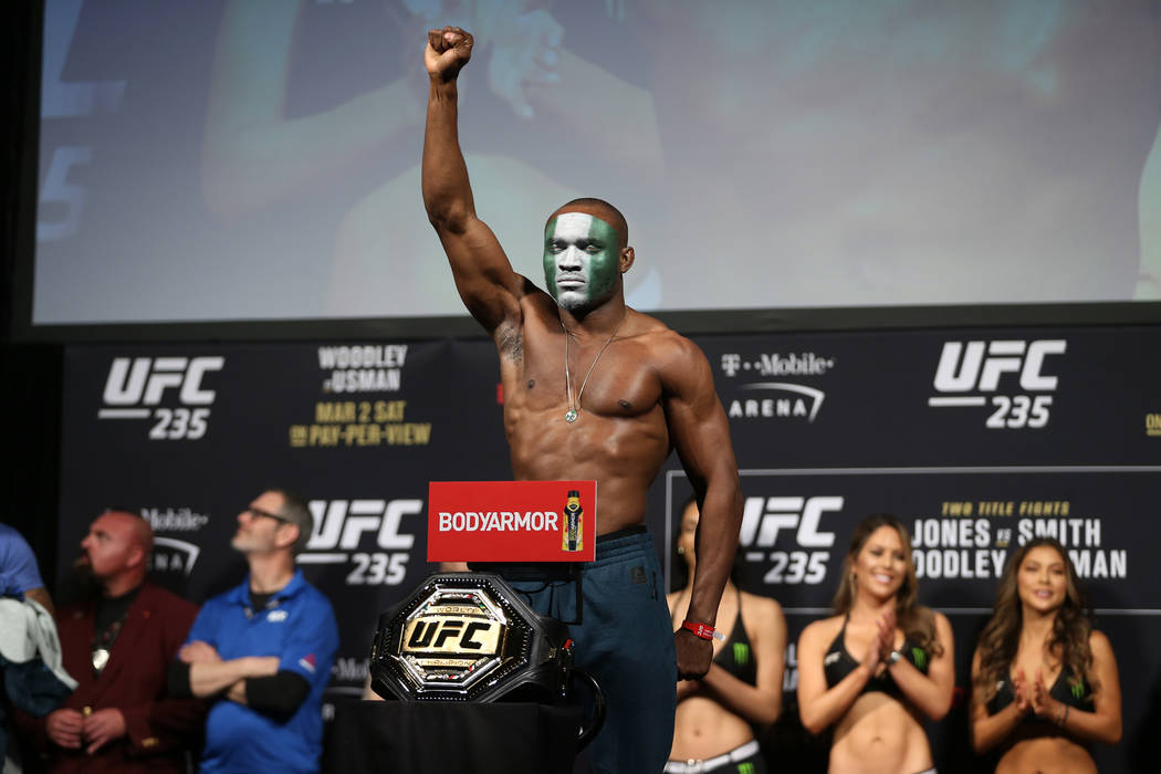 Kamaru Usman poses during the ceremonial UFC 235 weigh-in event at T-Mobile Arena in Las Vegas, Friday, March 1, 2019. (Erik Verduzco/Las Vegas Review-Journal) @Erik_Verduzco