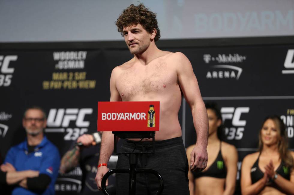 Ben Askren poses during the ceremonial UFC 235 weigh-in event at T-Mobile Arena in Las Vegas, Friday, March 1, 2019. (Erik Verduzco/Las Vegas Review-Journal) @Erik_Verduzco