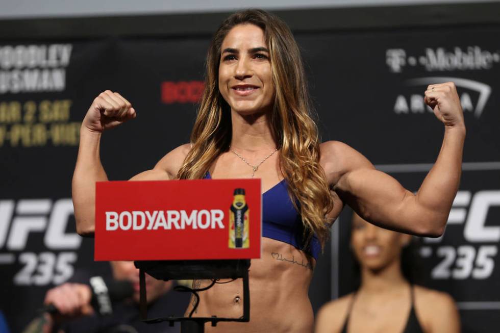 Tecia Torres poses during the ceremonial UFC 235 weigh-in event at T-Mobile Arena in Las Vegas, Friday, March 1, 2019. (Erik Verduzco/Las Vegas Review-Journal) @Erik_Verduzco