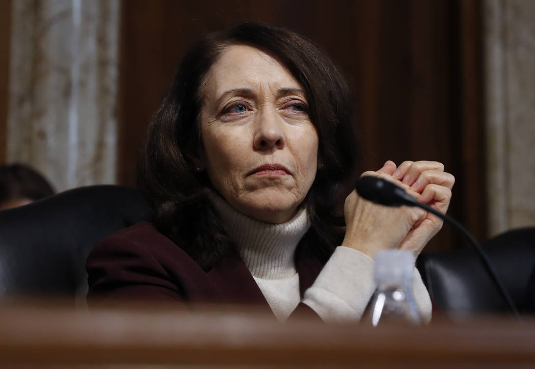 The Senate Energy and Natural Resources Committee's ranking member Sen. Maria Cantwell, D-Wash. listens as Energy Secretary-designate, former Texas Gov. Rick Perry, testifies on Capitol Hill in Wa ...