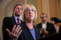 In this file photo Sen. Patty Murray, D-Wash., assistant Senate minority leader, joined at left by Sen. Richard Blumenthal, D-Conn., speaks with reporters about Supreme Court nominee Brett Kavanau ...