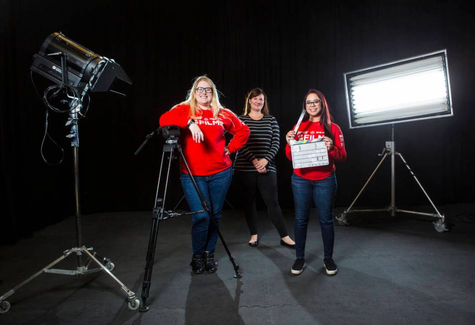 UNLV film students Nicolle Peterson, left, and Lily Campisi, right, with professor and advisor Brett Levner at Light Forge Studios in Las Vegas on Wednesday, Feb. 27, 2019. The two students are to ...