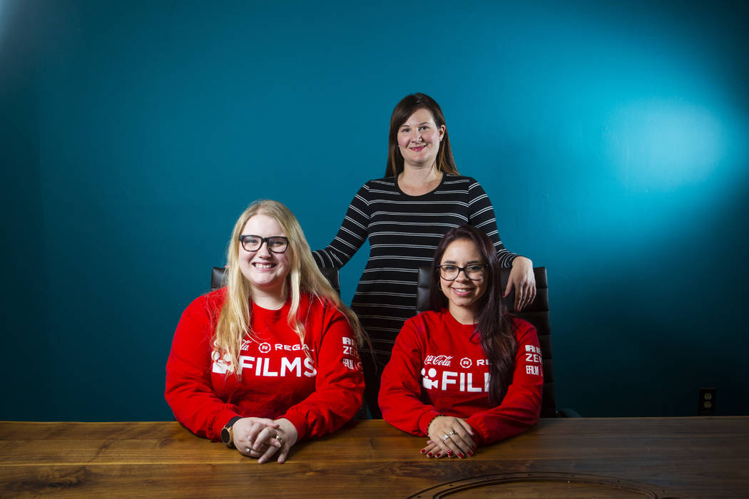 UNLV film students Nicolle Peterson, left, and Lily Campisi, right, with professor and advisor Brett Levner at Light Forge Studios in Las Vegas on Wednesday, Feb. 27, 2019. The two students are to ...