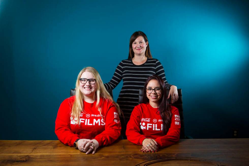 UNLV film students Nicolle Peterson, left, and Lily Campisi, right, with professor and advisor Brett Levner at Light Forge Studios in Las Vegas on Wednesday, Feb. 27, 2019. The two students are to ...