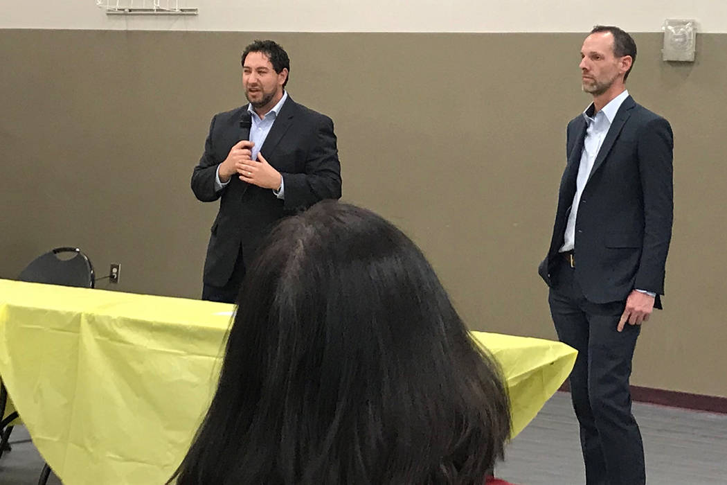 Clark County Commissioners Michael Naft and Justin Jones answer questions at Desert Breeze Community Center on Tuesday, Feb. 26. (Rachel Spacek/Las Vegas Review-Journal @RachelSpacek)