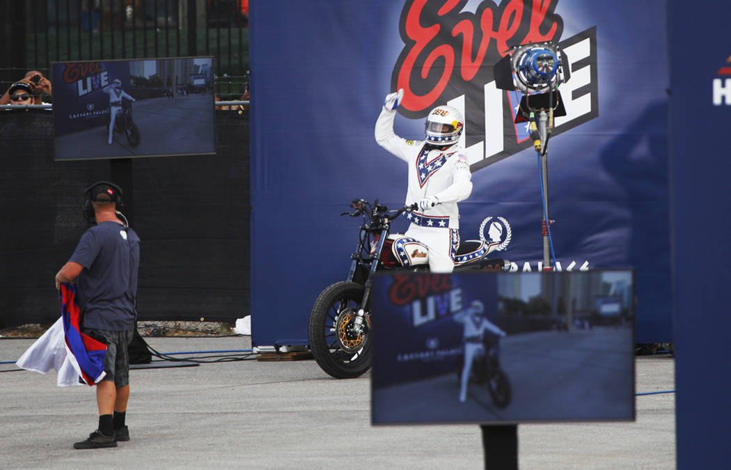 Travis Pastrana right before his second jump over 16 greyhound buses on an Indian Scout FTR750 motorcycle at the Evel Live event in a lot behind Planet Hollywood hotel-resort in Las Vegas, Sunday, ...
