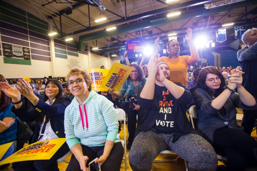 Supporters cheer as U.S. Sen. Kamala Harris, D-Calif., a Democratic presidential hopeful, not pictured, speaks during a campaign rally at Canyon Springs High School in North Las Vegas on Friday, M ...