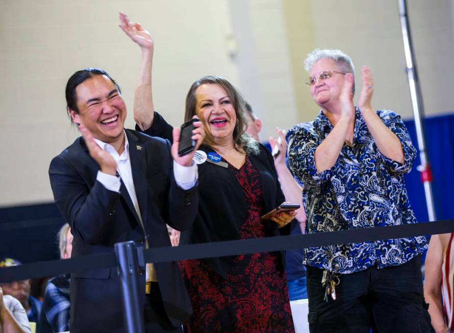 Supporters cheer as U.S. Sen. Kamala Harris, D-Calif., a Democratic presidential hopeful, not pictured, speaks during a campaign rally at Canyon Springs High School in North Las Vegas on Friday, M ...