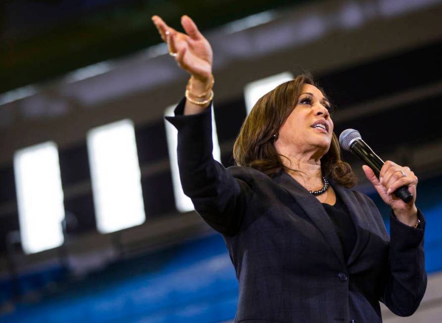 U.S. Sen. Kamala Harris, D-Calif., a Democratic presidential hopeful, speaks during a campaign rally at Canyon Springs High School in North Las Vegas on Friday, March 1, 2019. (Chase Stevens/Las V ...