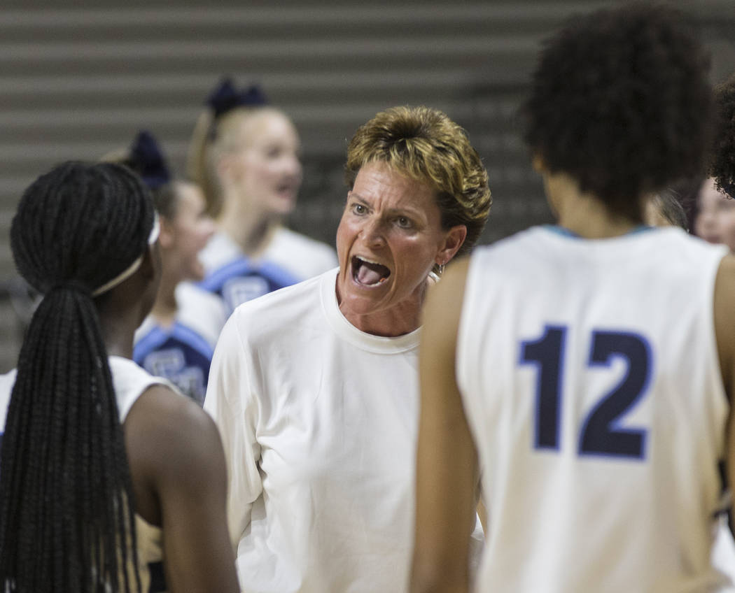 Centennial head coach Karen Weitz fires up her team in the first quarter during the Bulldogs Class 4A girls state championship game with Bishop Gorman on Friday, March 1, 2019, at Orleans Arena, i ...