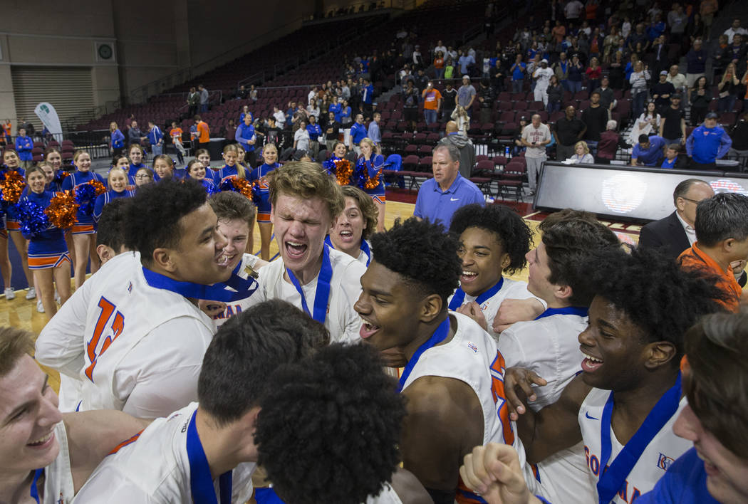 Bishop Gorman celebrates after beating Clark 68-60 to win the Class 4A boys state championship on Friday, March 1, 2019, at Orleans Arena, in Las Vegas. (Benjamin Hager Review-Journal) @BenjaminHphoto