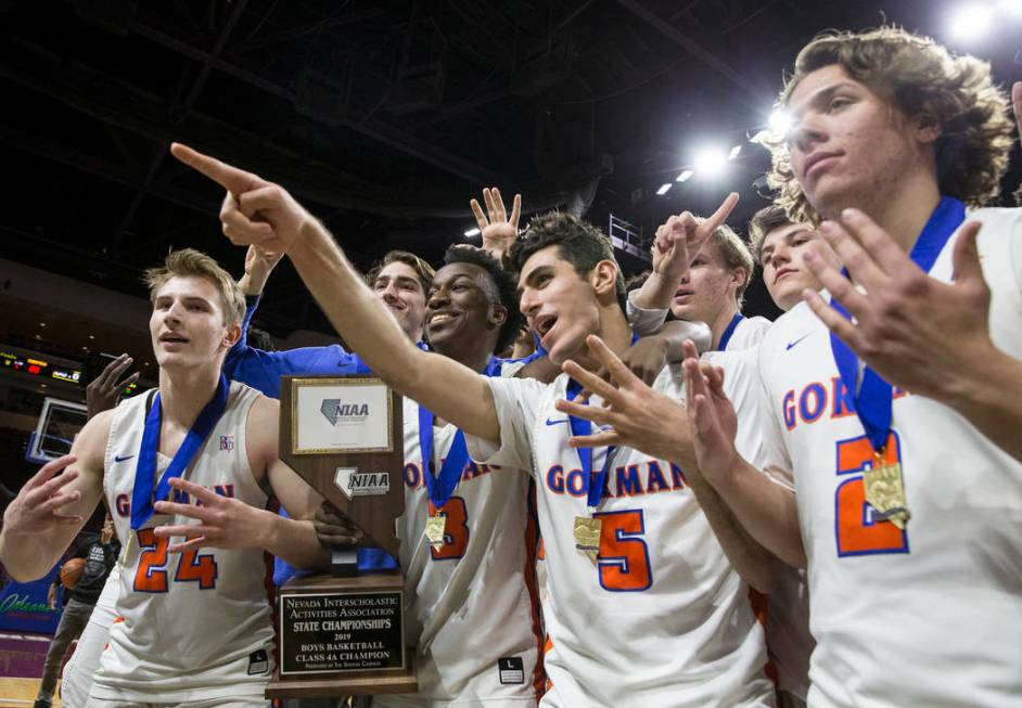 Bishop Gorman celebrates after beating Clark 68-60 to win the Class 4A boys state championship on Friday, March 1, 2019, at Orleans Arena, in Las Vegas. (Benjamin Hager Review-Journal) @BenjaminHphoto