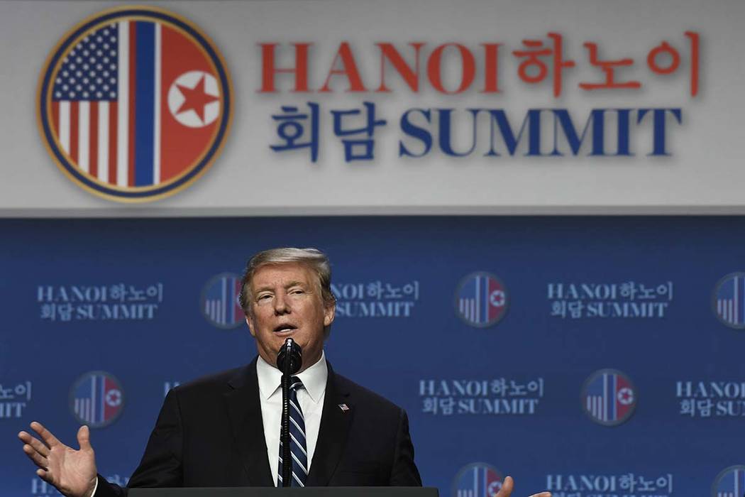 In this Feb. 29, 2019, photo, President Donald Trump speaks during a news conference in Hanoi, following his summit with North Korean leader Kim Jong Un. (AP Photo/Susan Walsh)