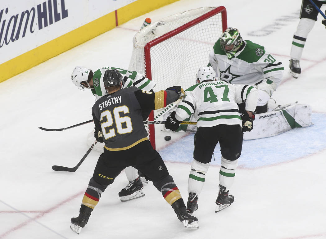 Golden Knights left wing Max Pacioretty, not pictured, scores a goal against the Dallas Stars during the third period of an NHL hockey game at T-Mobile Arena in Las Vegas on Tuesday, Feb. 26, 2019 ...
