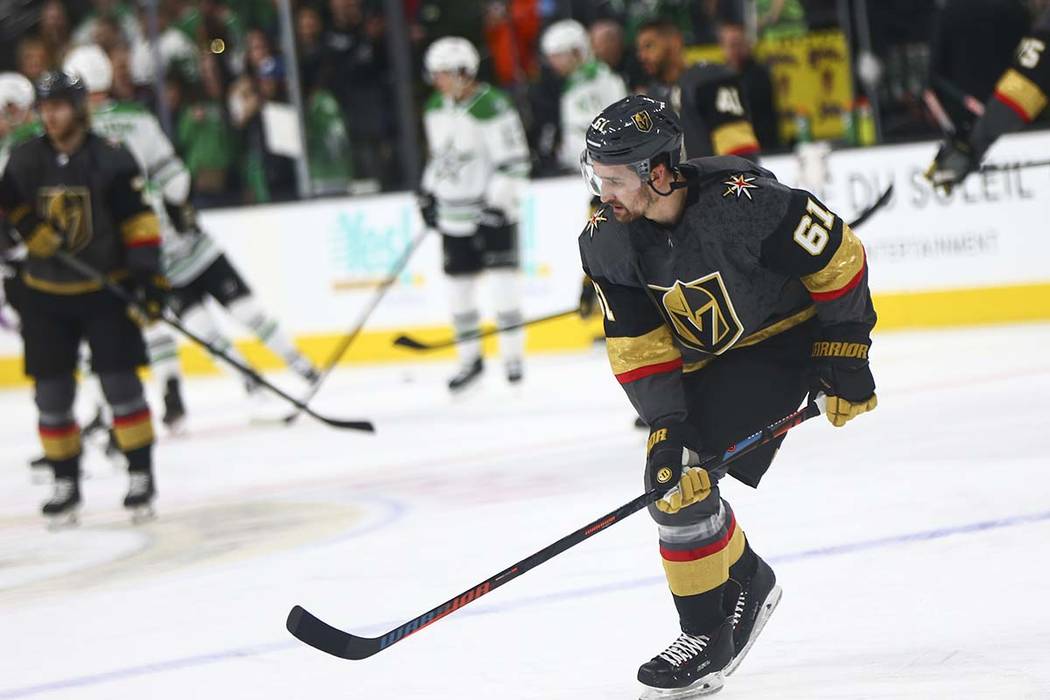 Golden Knights right wing Mark Stone (61) warms up before playing the Dallas Stars at T-Mobile Arena in Las Vegas on Tuesday, Feb. 26, 2019. (Chase Stevens/Las Vegas Review-Journal) @csstevensphoto