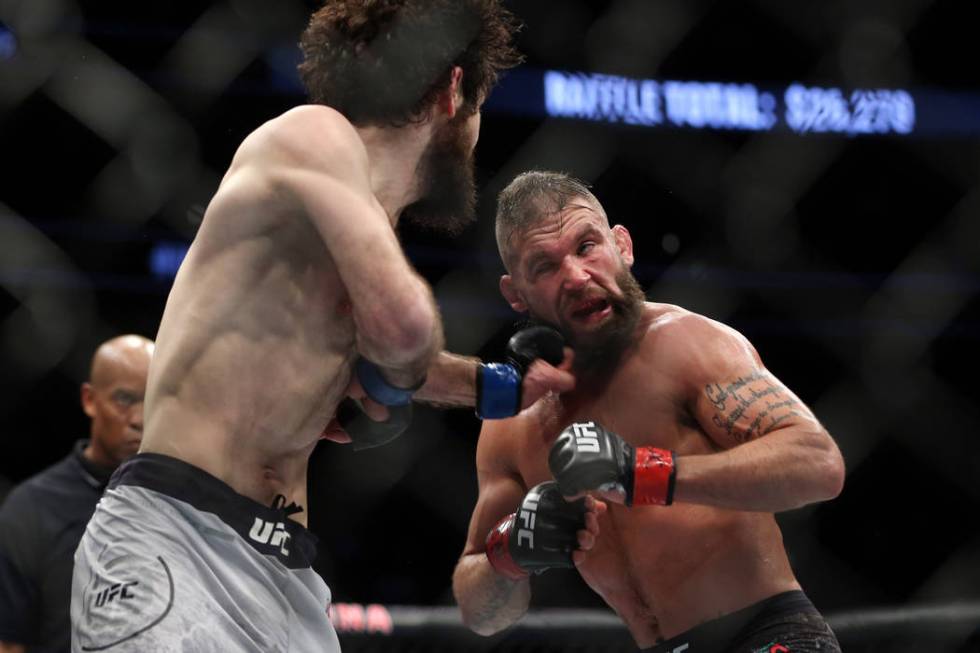 Zabit Magomedsharipov, left, connects a punch against Jeremy Stephens in the featherweight bout during UFC 235 at T-Mobile Arena in Las Vegas, Saturday, March 2, 2019. Magomedsharipov won by unani ...