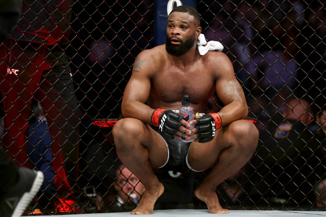 Tyron Woodley reacts after his fight against Kamaru Usman in the welterweight title bout during UFC 235 at T-Mobile Arena in Las Vegas, Saturday, March 2, 2019. Usman won by unanimous decision. (E ...