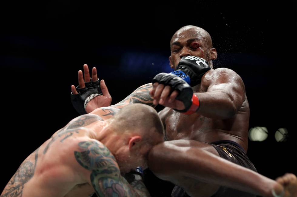 Anthony Smith, left, throws a punch against Jon Jones in the light heavyweight title bout during UFC 235 at T-Mobile Arena in Las Vegas, Saturday, March 2, 2019. Jones won by unanimous decision. ( ...