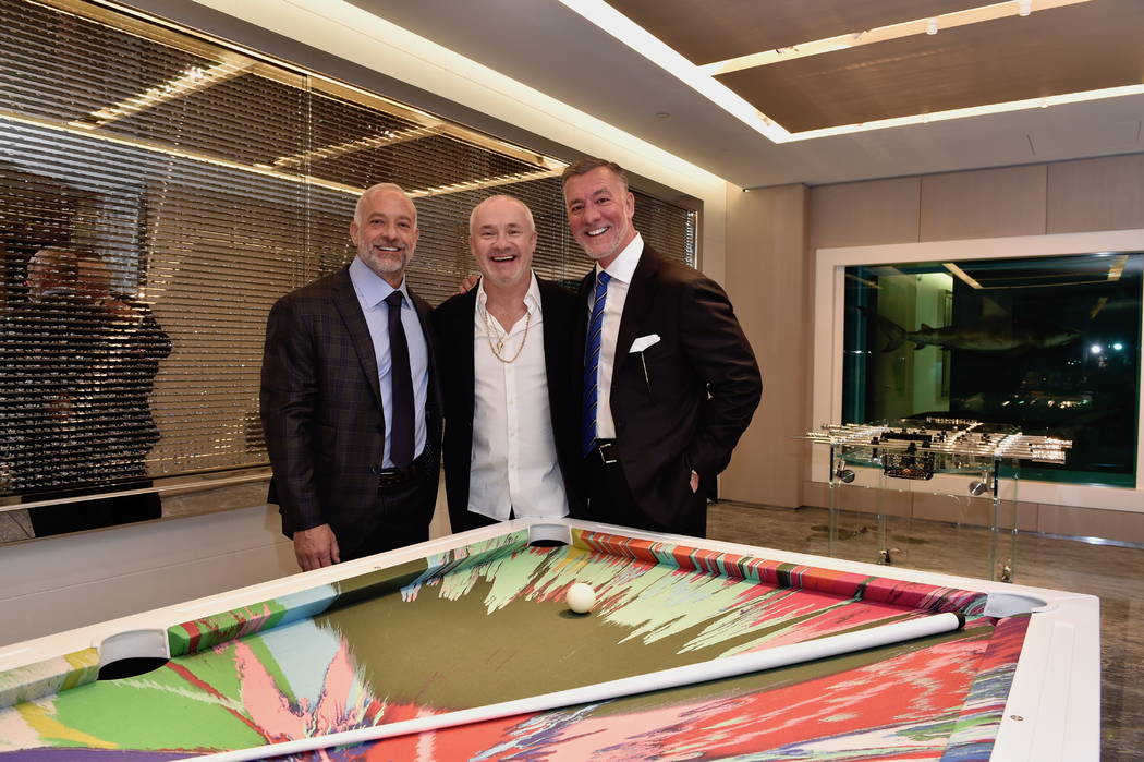 Lorenzo Fertitta, artist Damien Hirst and Frank Fertitta III are shown at Empathy Suite's opening party at the Palms on Friday, March 1, 2019. (Palms)