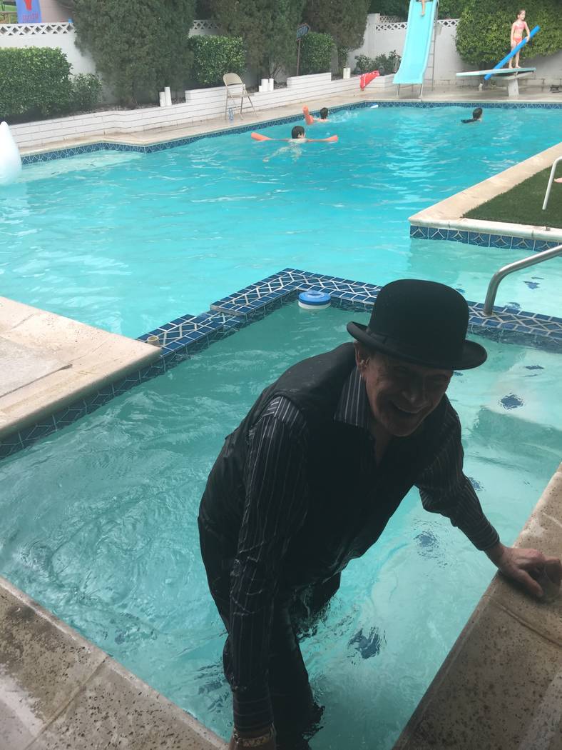 Johnny Thompson, aka "The Great Tomsoni," shown after falling into the hot tub at Mac King's Kentucky Derby party in May (Emily Jillette photo).