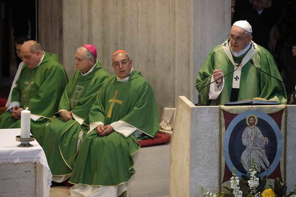 Pope Francis delivers his speech during a Mass in the St. Crispino parish church, in the Labaro neighborhood, Rome, Sunday, March 3, 2019. (Alessandra Tarantino/AP)