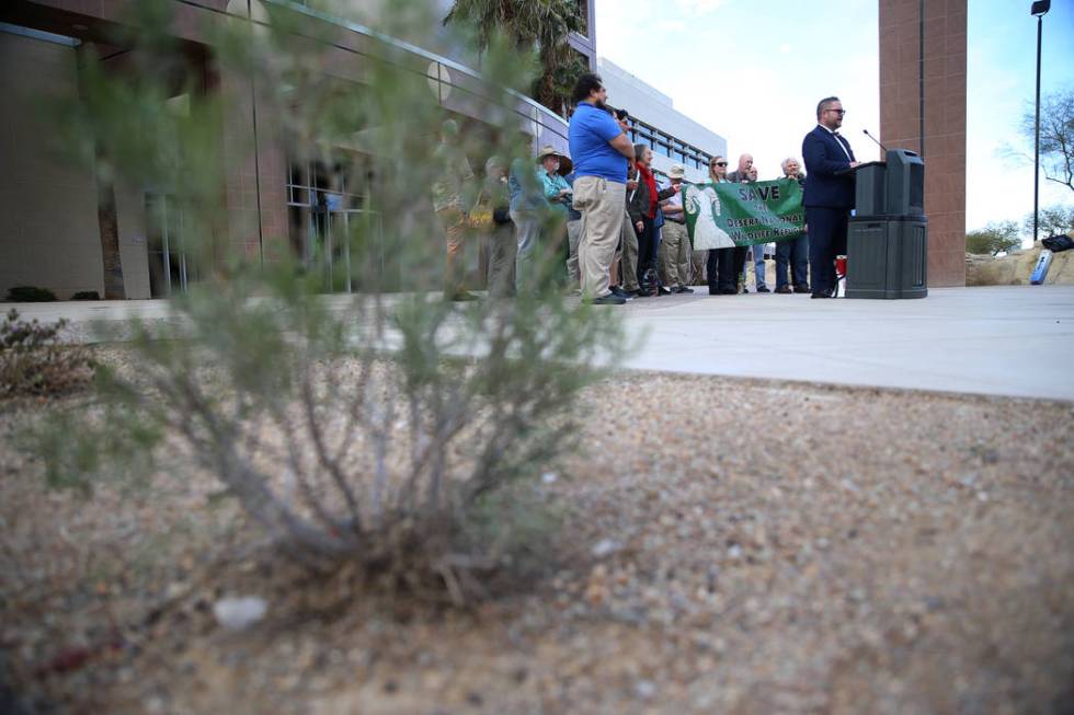 Eric Roberts, director for SH Architecture, speaks during the Don't BombThe Bighorn Rally and Public Hearing at the Grant Sawyer State Office Building in Las Vegas, Tuesday, March 5, 2019. (Erik V ...