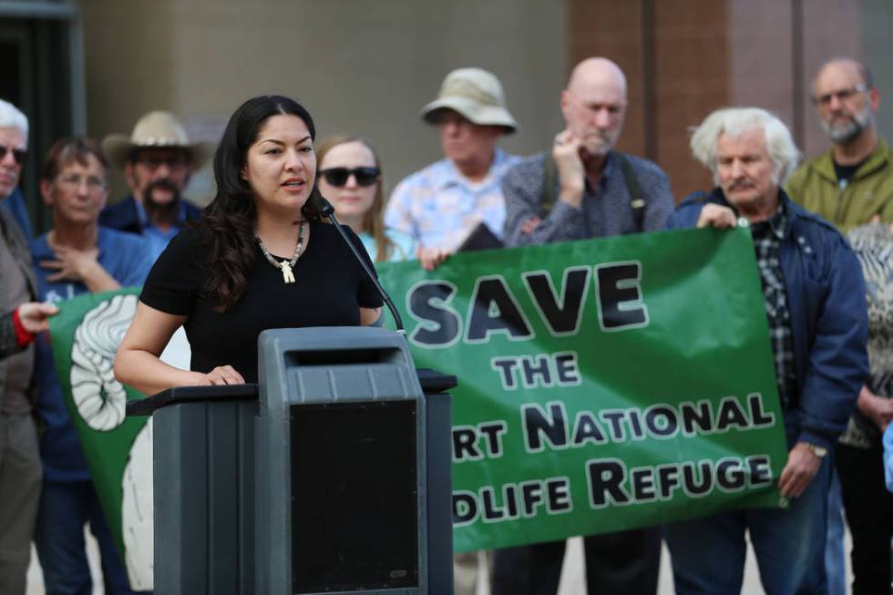 Fawn Douglas, appointed representative of the Las Vegas Band of Paiutes, speaks during the Don't BombThe Bighorn Rally and Public Hearing at the Grant Sawyer State Office Building in Las Vegas, Tu ...