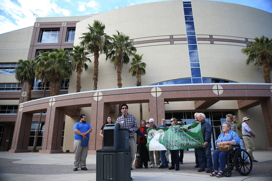 Jose Witt of Friends of Nevada Wilderness speaks during the Don't BombThe Bighorn Rally and Public Hearing at the Grant Sawyer State Office Building in Las Vegas, Tuesday, March 5, 2019. (Erik Ver ...