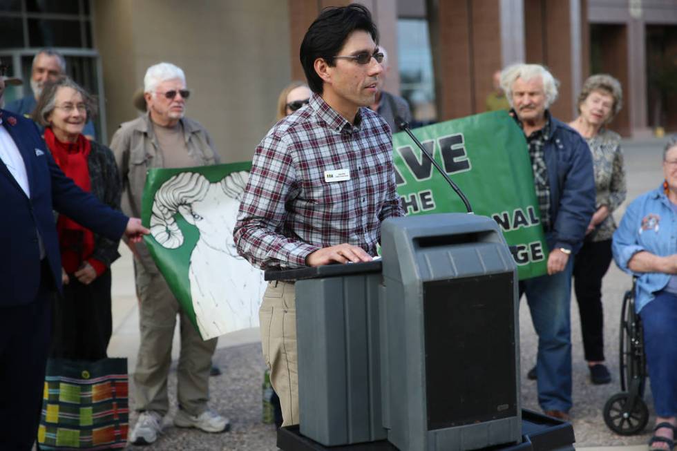 Jose Witt of Friends of Nevada Wilderness speaks during the Don't BombThe Bighorn Rally and Public Hearing at the Grant Sawyer State Office Building in Las Vegas, Tuesday, March 5, 2019. (Erik Ver ...