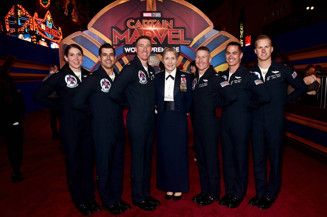 Brigadier Gen. Jeannie M. Leavitt, center, and U.S. Air Force Thunderbirds attend the Los Angeles World Premiere of Marvel Studios' "Captain Marvel" at Dolby Theatre on March 4, 2019 in Hollywood, ...