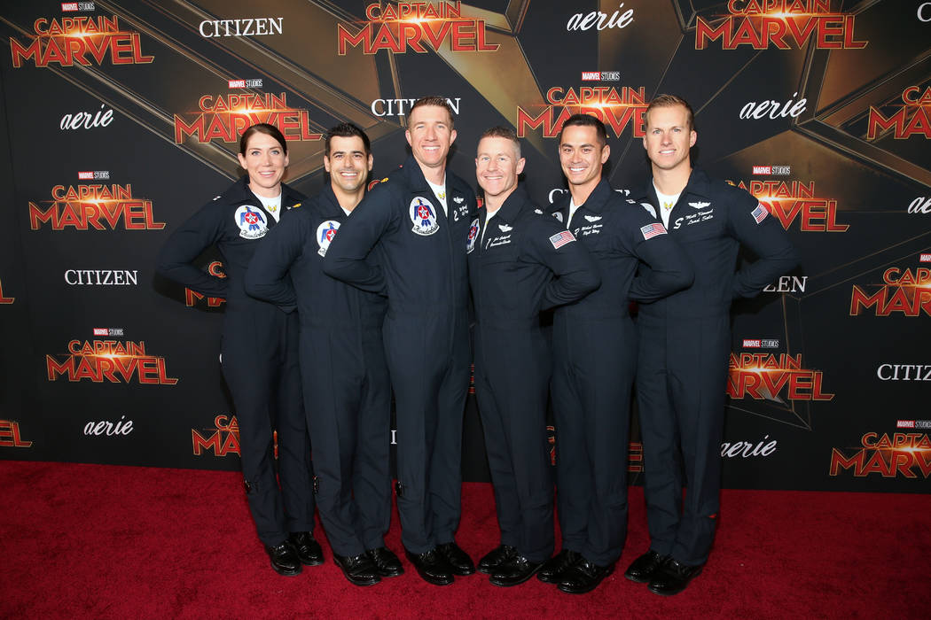 Air Force Thunderbirds pilots attend the Los Angeles World Premiere of Marvel Studios' "Captain Marvel" at Dolby Theatre on March 4, 2019 in Hollywood, California. (Jesse Grant/Getty Images for D ...
