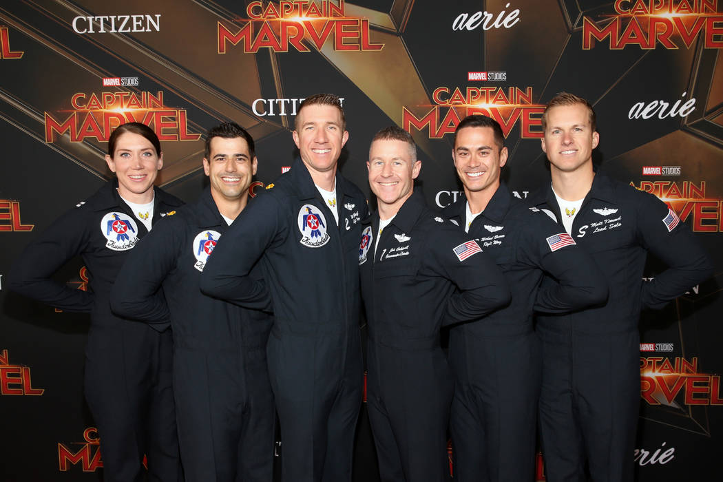 Air Force Thunderbirds pilots attend the Los Angeles World Premiere of Marvel Studios' "Captain Marvel" at Dolby Theatre on March 4, 2019 in Hollywood, California. (Jesse Grant/Getty Images for Di ...