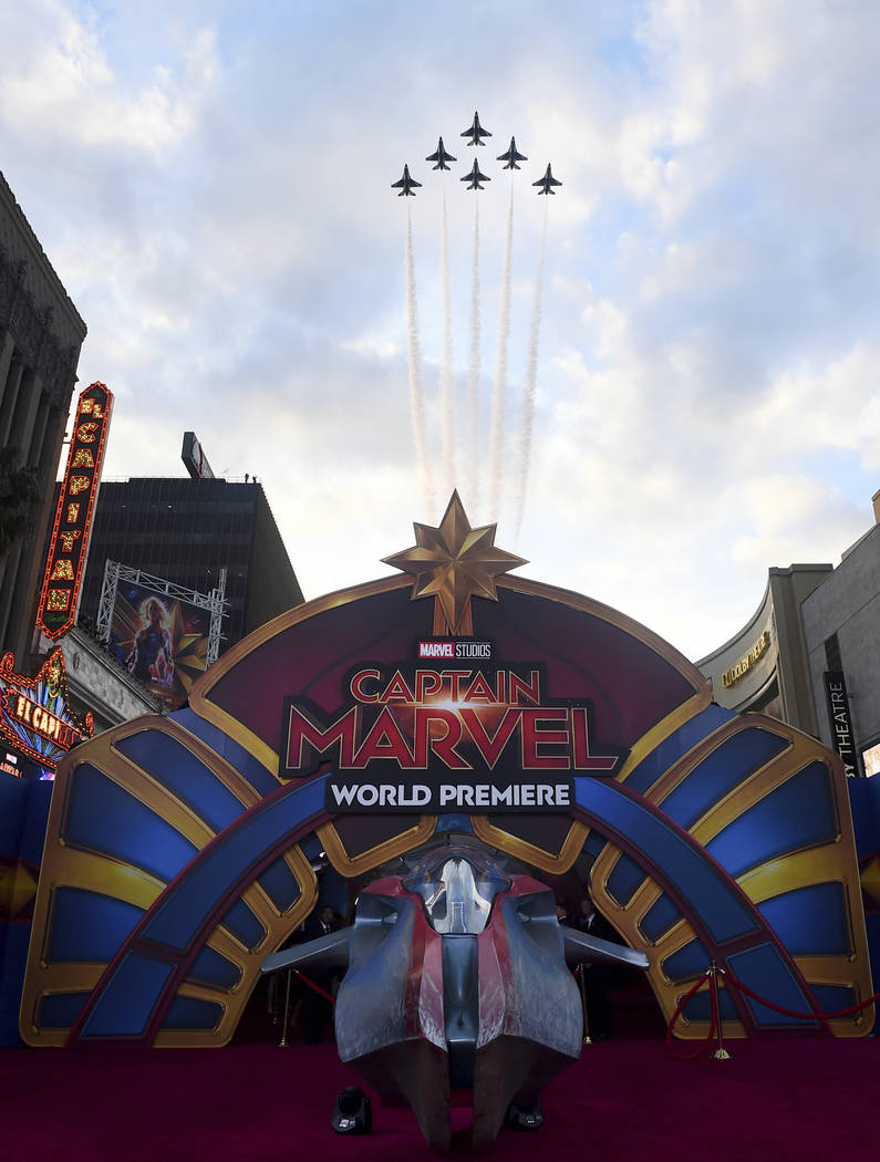 The U.S. Air Force Thunderbirds fly over the world premiere of "Captain Marvel" on Monday, March 4, 2019, at the El Capitan Theatre in Los Angeles. (Jordan Strauss/Invision/AP)