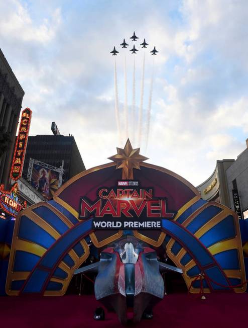 The U.S. Air Force Thunderbirds fly over the world premiere of "Captain Marvel" on Monday, March 4, 2019, at the El Capitan Theatre in Los Angeles. (Jordan Strauss/Invision/AP)