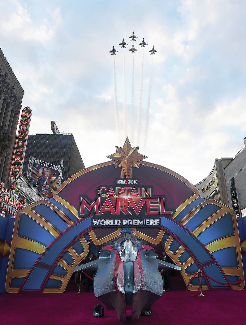 The U.S. Air Force Thunderbirds fly over the world premiere of "Captain Marvel" on Monday, March 4, 2019, at the El Capitan Theatre in Los Angeles. (Photo by Jordan Strauss/Invision/AP)