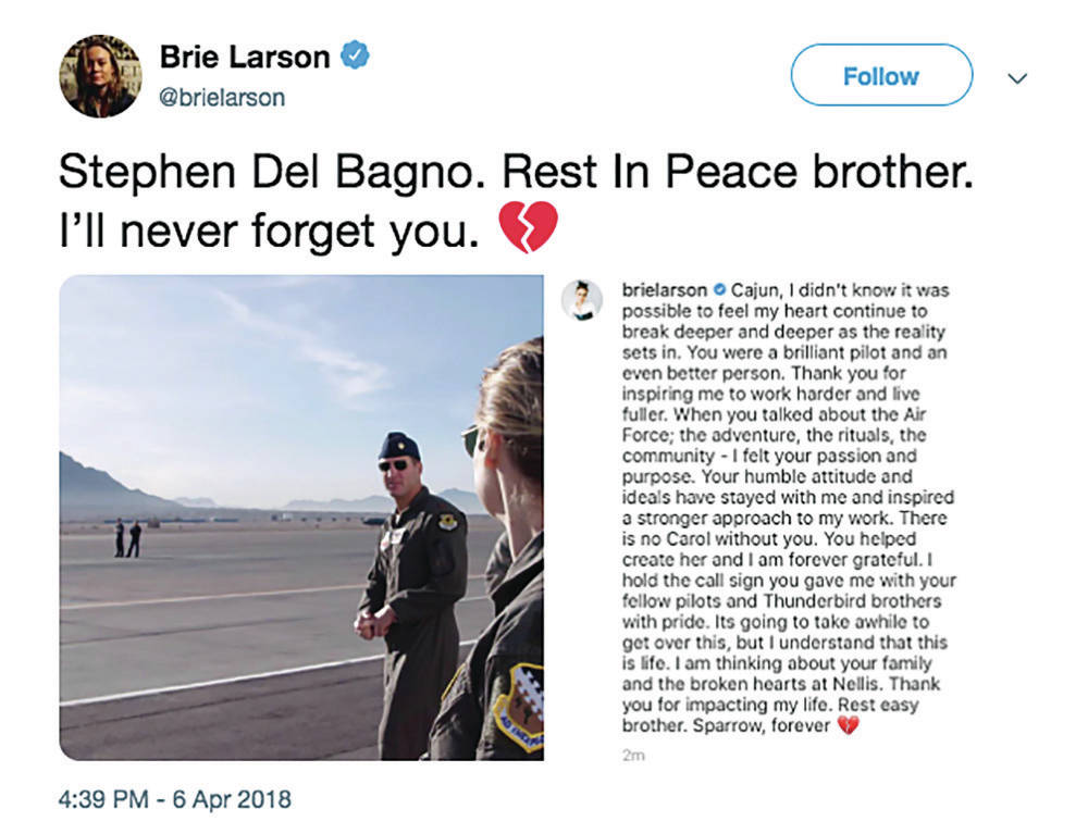 Twitter Brie Larson shared a photo of herself with Maj. Stephen “Cajun” Del Bagno on social media along with a tribute to th ...