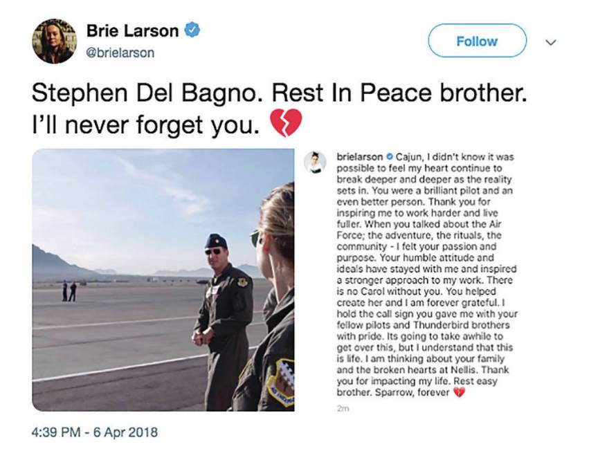 Twitter Brie Larson shared a photo of herself with Maj. Stephen Cajun Del Bagno on social media along with a tribute to th ...