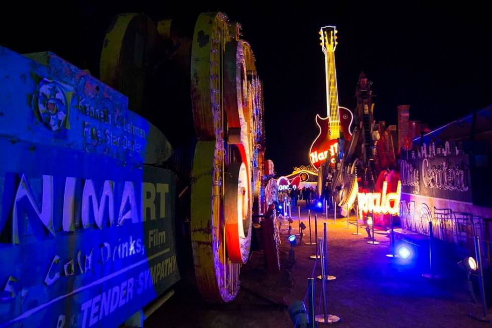 The Hard Rock Cafe guitar sign is illuminated for the first time in public during a special event at the Neon Museum in Las Vegas on Monday, March 4, 2019. (Chase Stevens/Las Vegas Review-Journal) ...