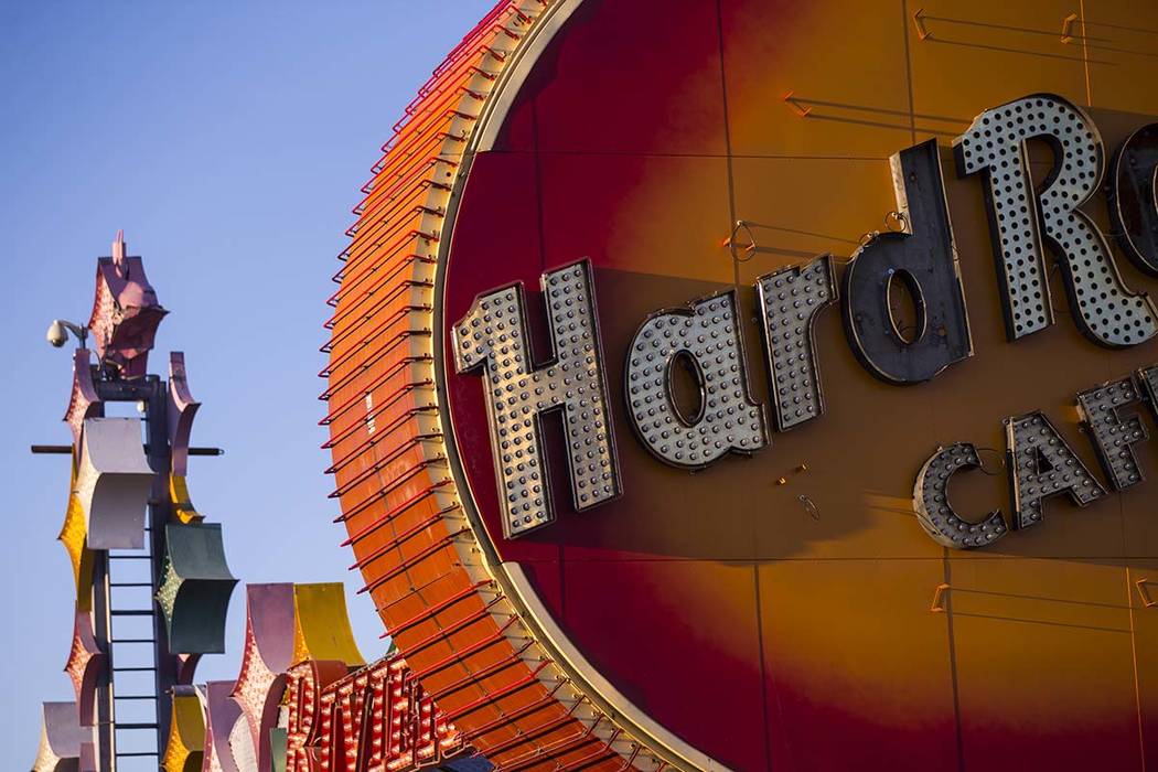 A view of the lettering on the Hard Rock Cafe guitar sign in early morning light as the installation continues at the Neon Museum in Las Vegas on Friday, Feb. 1, 2019. (Chase Stevens/Las Vegas Rev ...