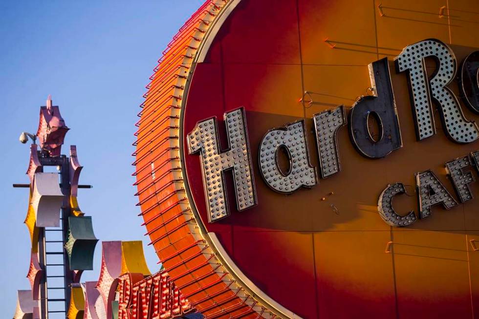 A view of the lettering on the Hard Rock Cafe guitar sign in early morning light as the installation continues at the Neon Museum in Las Vegas on Friday, Feb. 1, 2019. (Chase Stevens/Las Vegas Rev ...