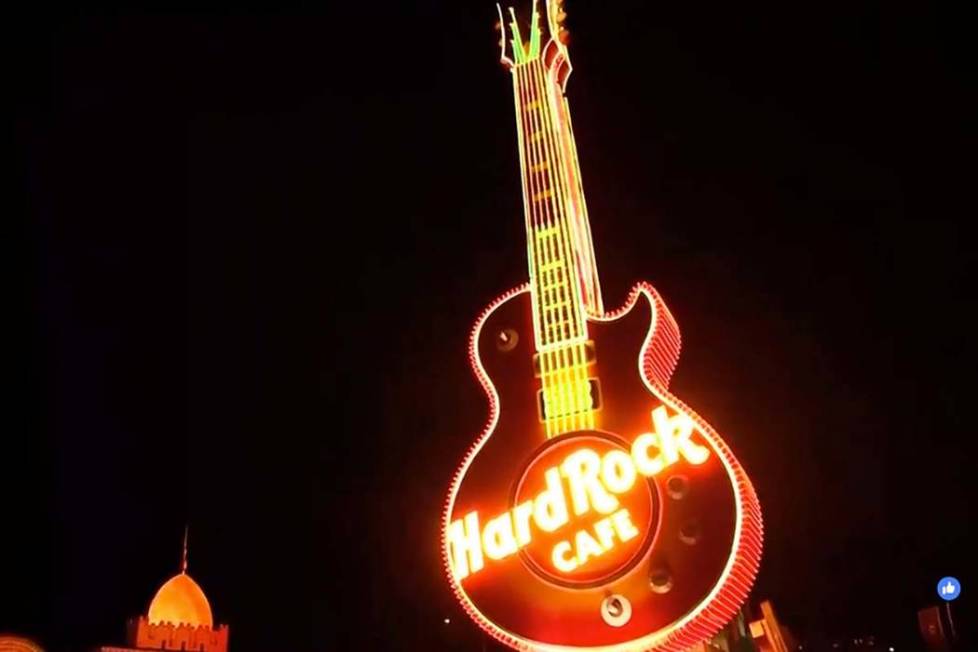 The Hard Rock Cafe guitar sign is lighted up Monday, March 4, 2019, at the Neon Museum in Las Vegas. (Las Vegas Review-Journal)