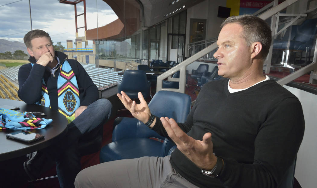 Las Vegas Lights FC owner Brett Lashbrook, left, and head coach Eric Wynalda are shown during an interview at Cashman Field at 850 N. Las Vegas Blvd. in Las Vegas on Wednesday, March. 6, 2019. (Bi ...