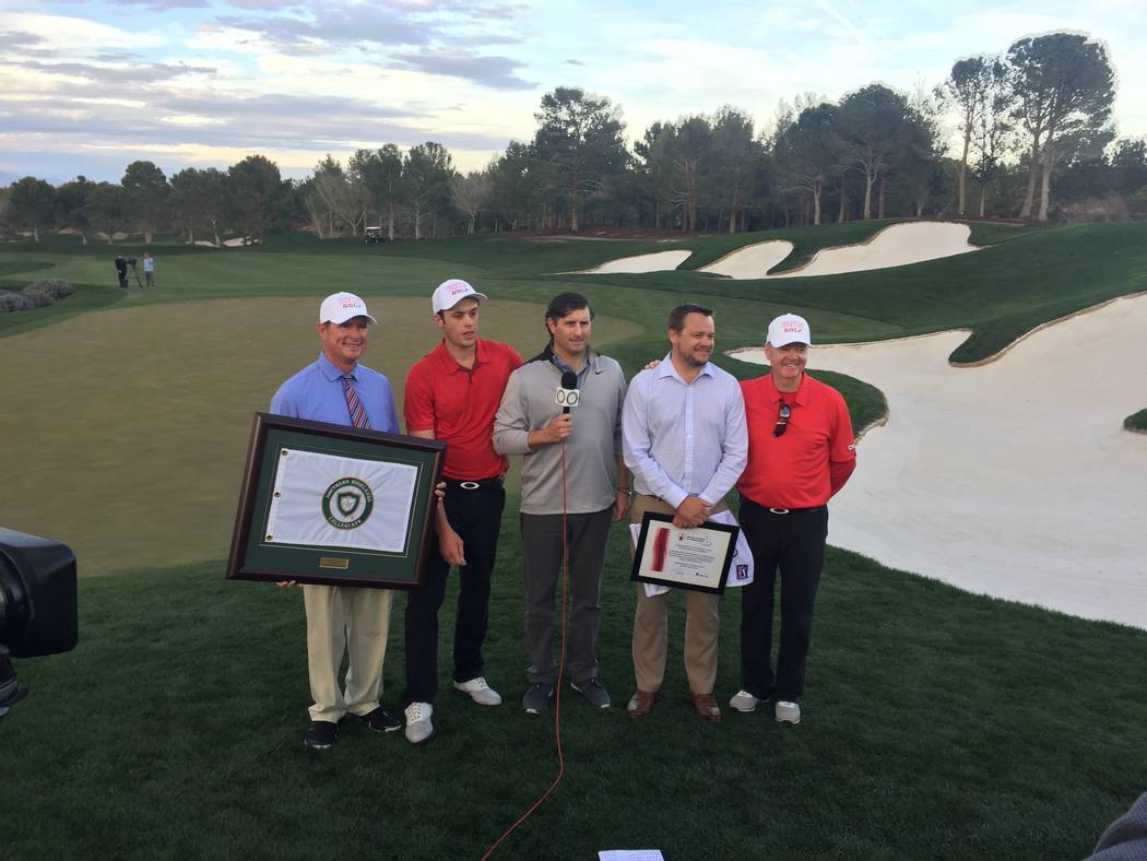 Southern Highlands head pro Jim Delaney, individual champion Jack Trent, Golfweek live stream announcer Ned Michaels, Shriners Hospitals for Children Open executive director Patrick Lindsey and UN ...