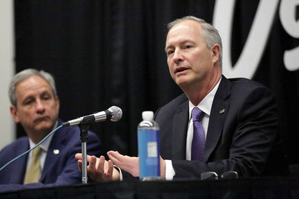 Brian Yost, Las Vegas Convention and Visitors Authority (LVCVA) chief operating officer, left, and Steve Hill, LVCVA president and CEO, address the media to announce the recommendation for an unde ...