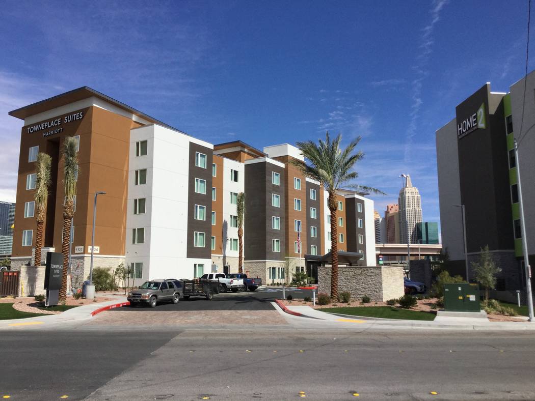 A TownePlace Suites hotel and a Home2 Suites hotel are seen Tuesday, March 5, 2019, at Tropicana Avenue and Dean Martin Drive in Las Vegas. An investor drew up plans for a 41-story resort there, O ...
