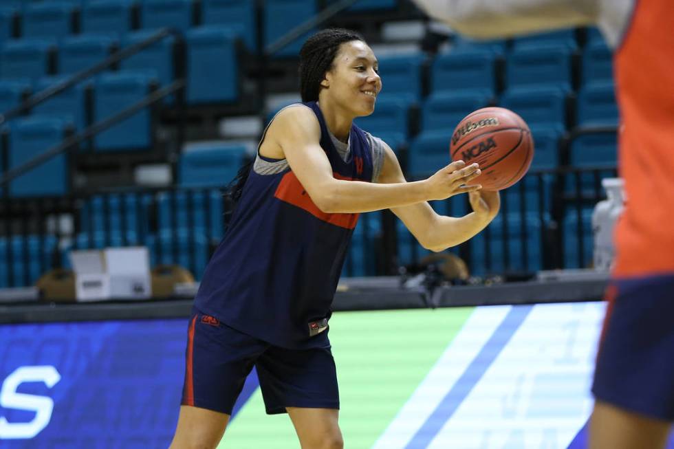 Arizona Wildcats sophomore guard Sam Thomas makes a pass during a team at MGM Grand Garden Arena in Las Vegas, Wednesday, March 6, 2019. Thomas is a graduate of Centennial High School in Las Vegas ...